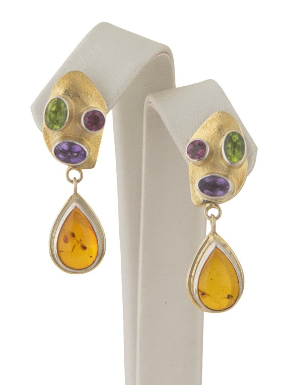 Sterling Silver and 22K Gold Earrings with Amber, Peridot, Amethyst and Garnet